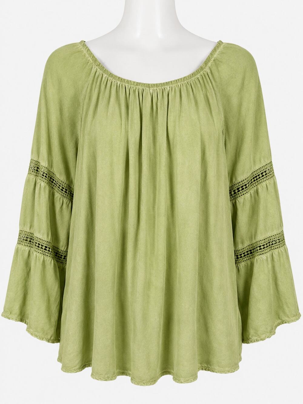 Green Boho Peasant Blouse Crochet Bell Sleeve Flowy Cottagecore Womens L